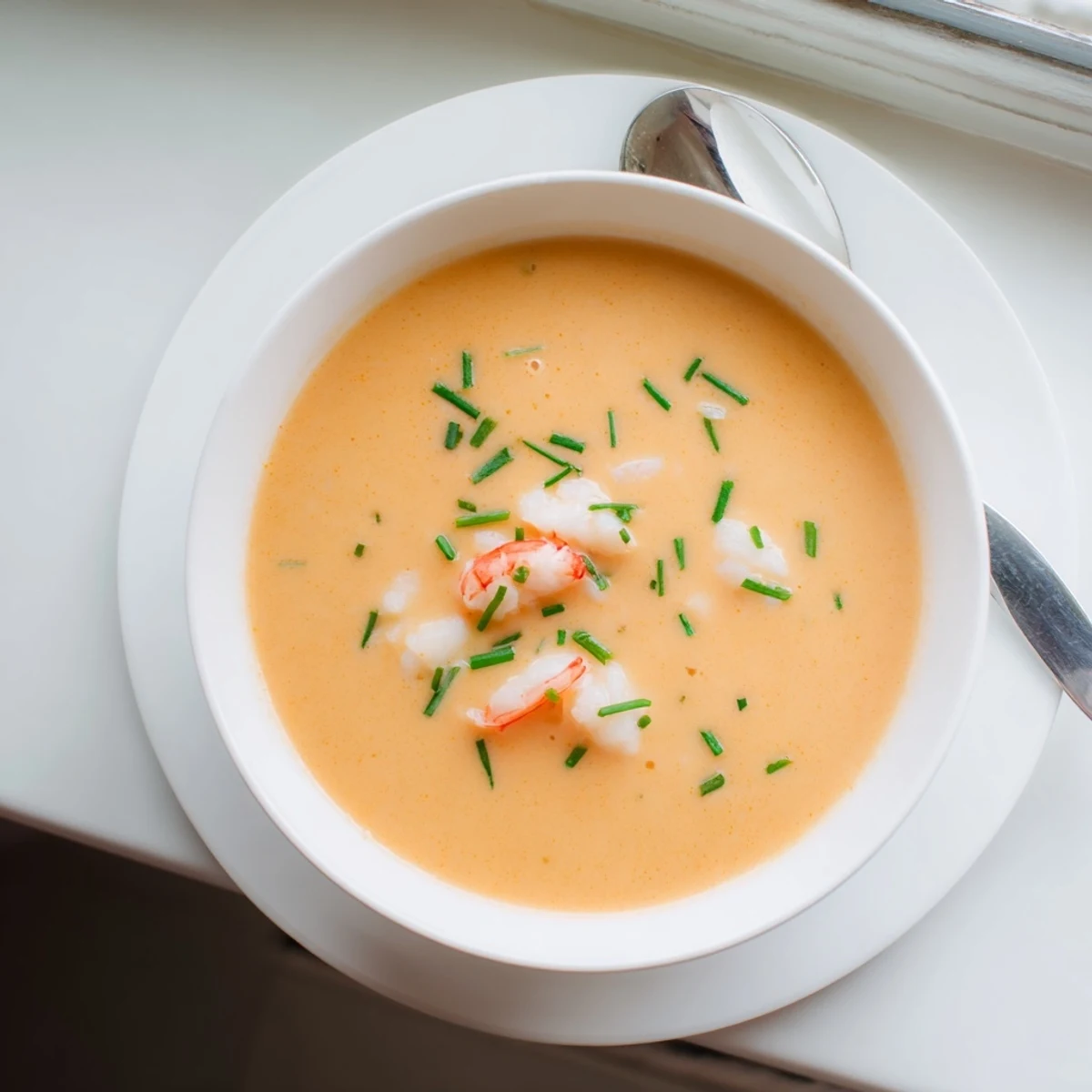 Velvety smooth seafood bisque featuring plump shrimp and scallops in a deep red-orange bowl