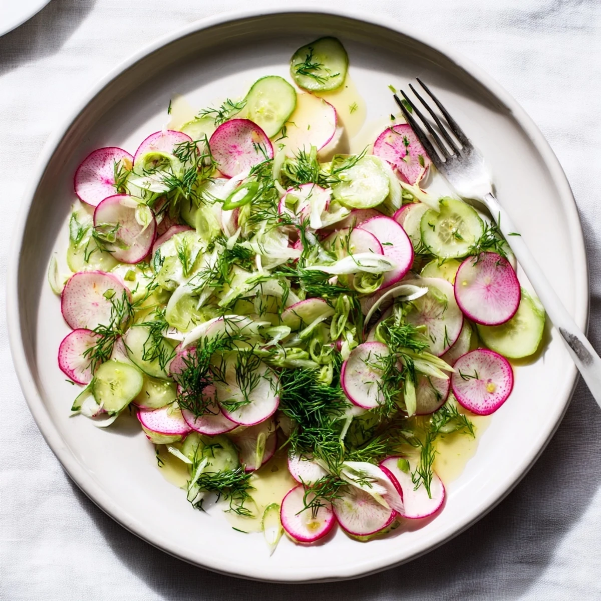 Crisp thinly sliced radishes and cucumbers tossed in tangy lemon dressing for a refreshing summer side dish