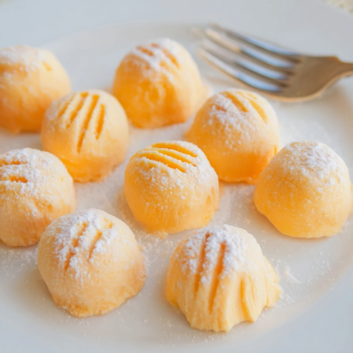 Orange cream cheese mints arranged on a white serving plate with fork markings