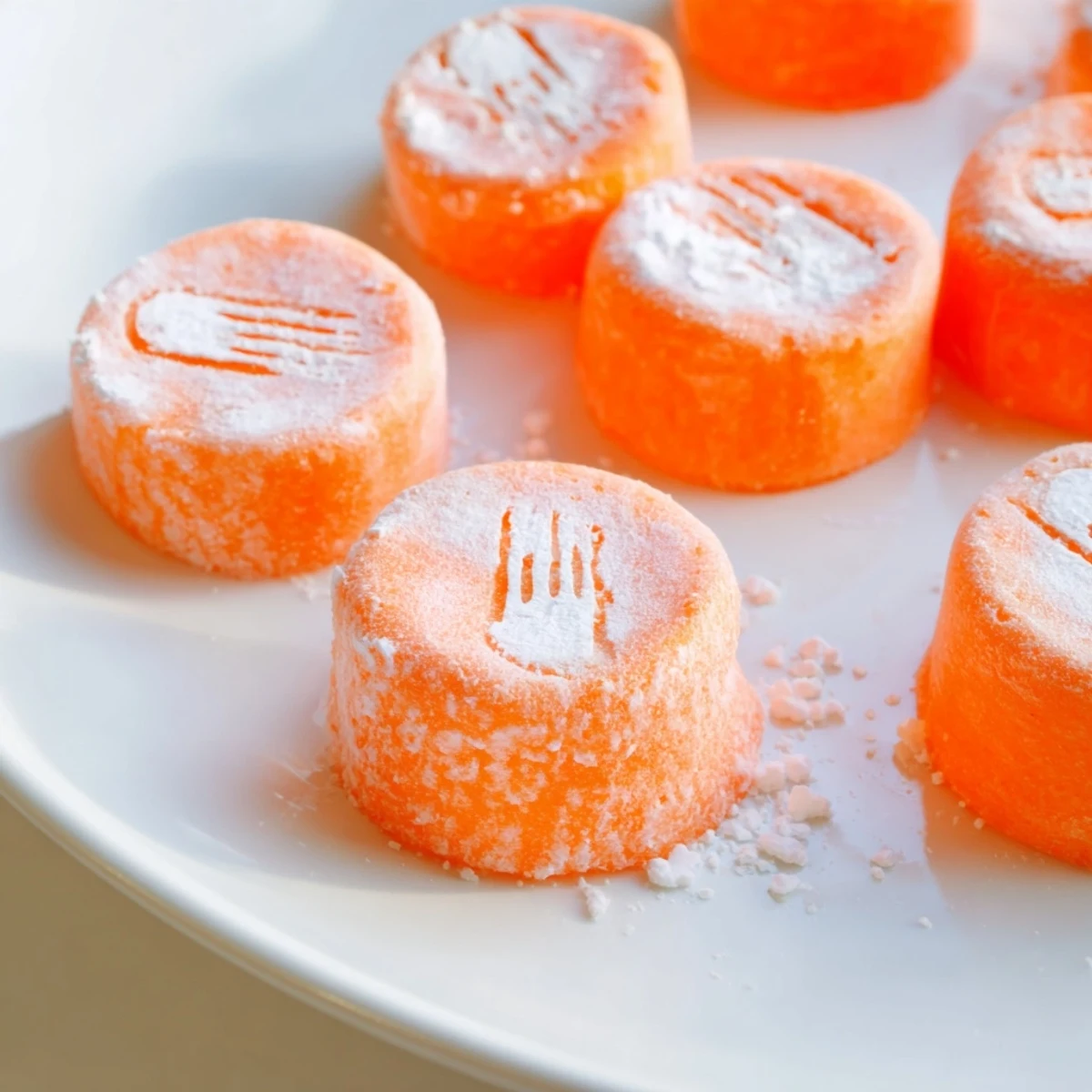 Homemade orange cream cheese mints stacked neatly showing their smooth creamy texture