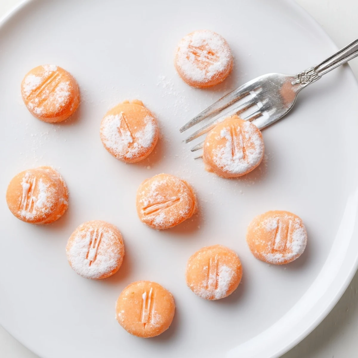 Vibrant orange cream cheese mints dusted with powdered sugar on a rustic wooden board