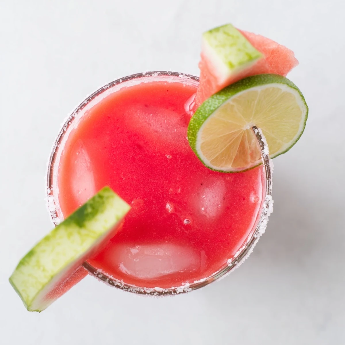 Vibrant pink watermelon margarita mocktail served in salt-rimmed glass with fresh lime wedge garnish
