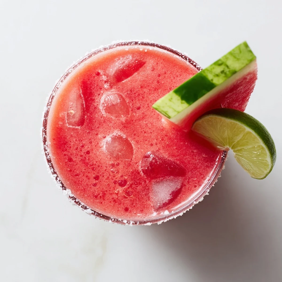 Refreshing alcohol-free watermelon margarita mocktail poured over ice with floating watermelon slice