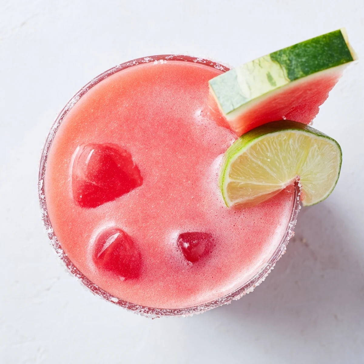 Fresh blended watermelon margarita mocktail in chilled glass topped with zesty lime and melon garnish