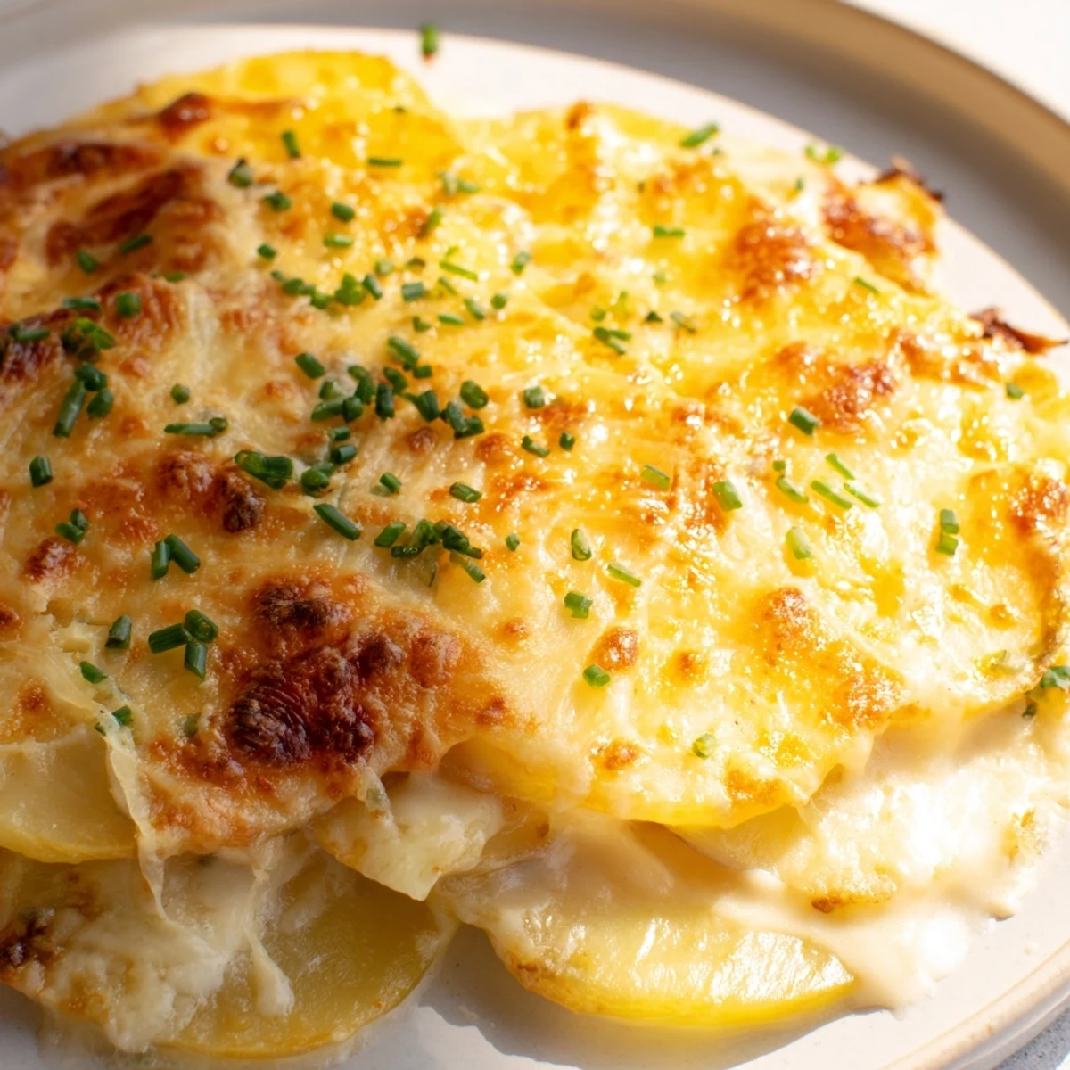 Golden cheesy potatoes au gratin with melted Gruyère and bubbling cream sauce on top