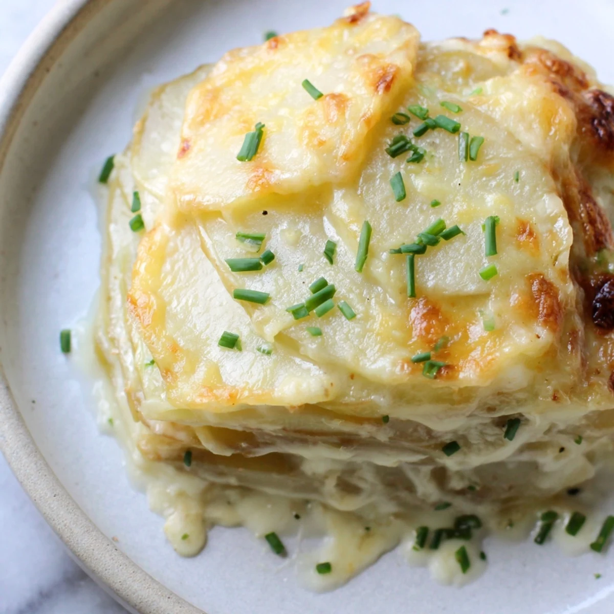 Classic French-style potatoes au gratin bubbling with melted Gruyère and golden brown edges