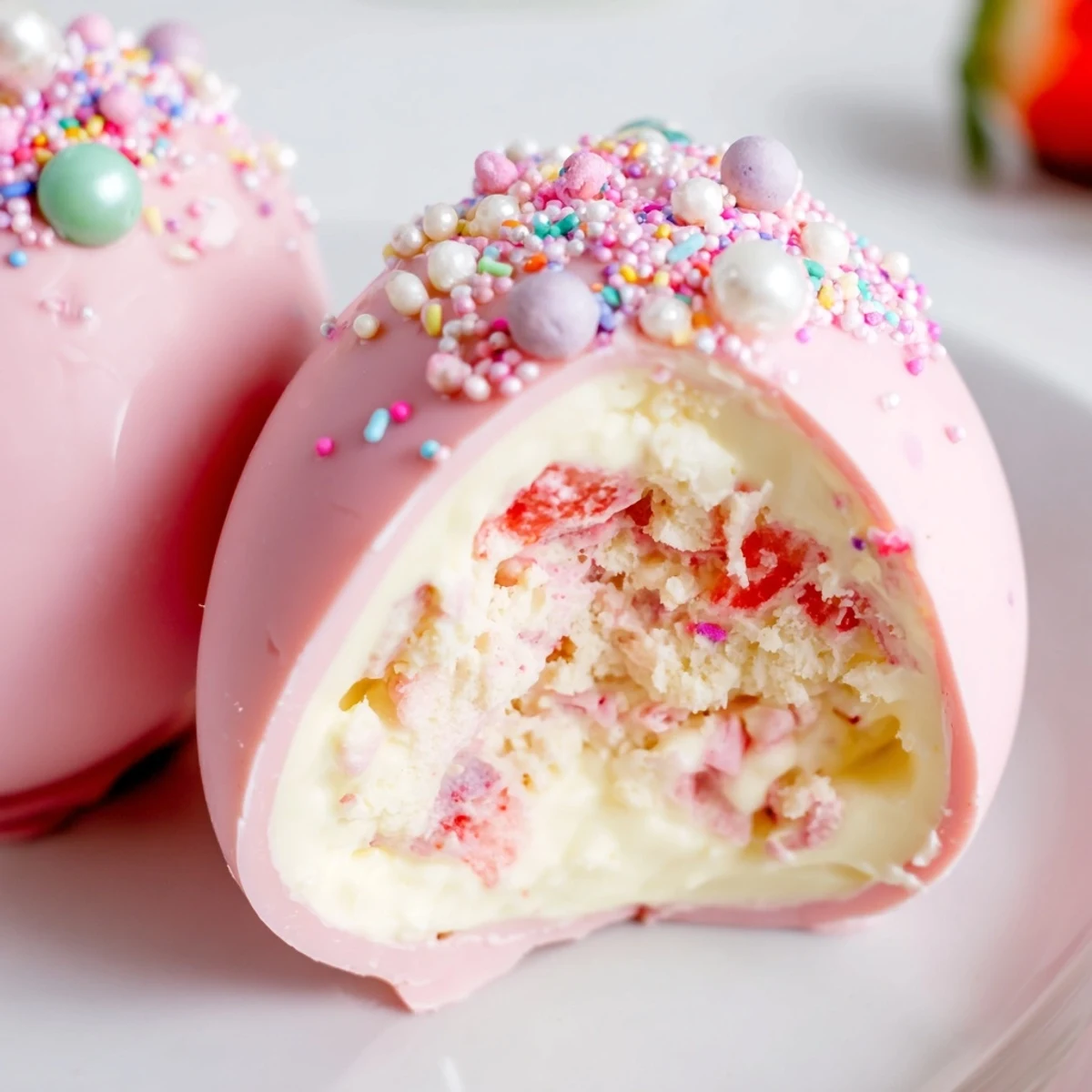 Creamy strawberry shortcake Easter egg bombs filled with fresh strawberries and crumbled cake inside white chocolate shells
