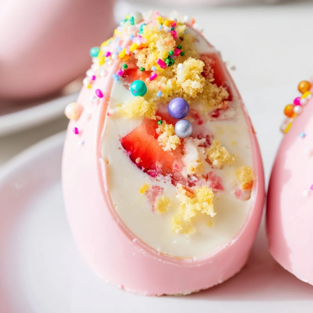 Pastel white chocolate Easter eggs stuffed with fluffy strawberry shortcake filling topped with colorful sprinkles for spring