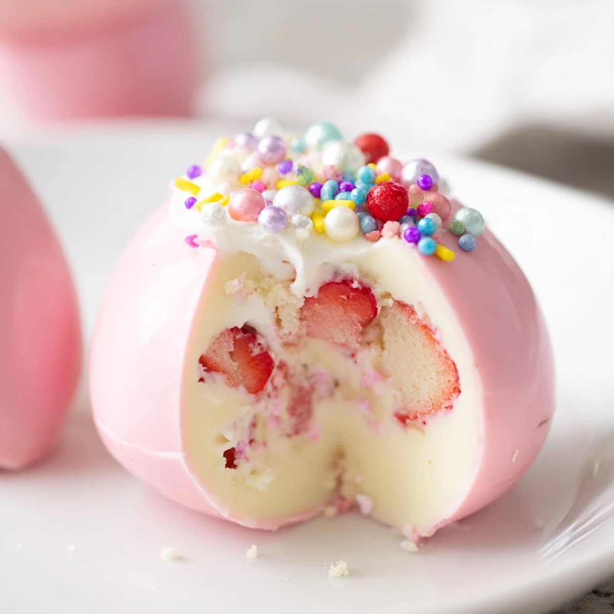 Festive strawberry shortcake Easter egg bombs featuring whipped cream cheese and sweet berries nestled in chocolate shells