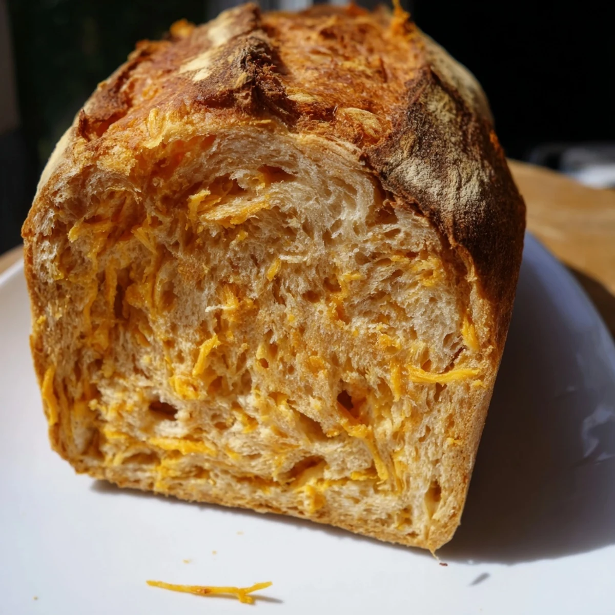 Golden no knead cheddar bread loaf with crisp crust and melted cheese visible