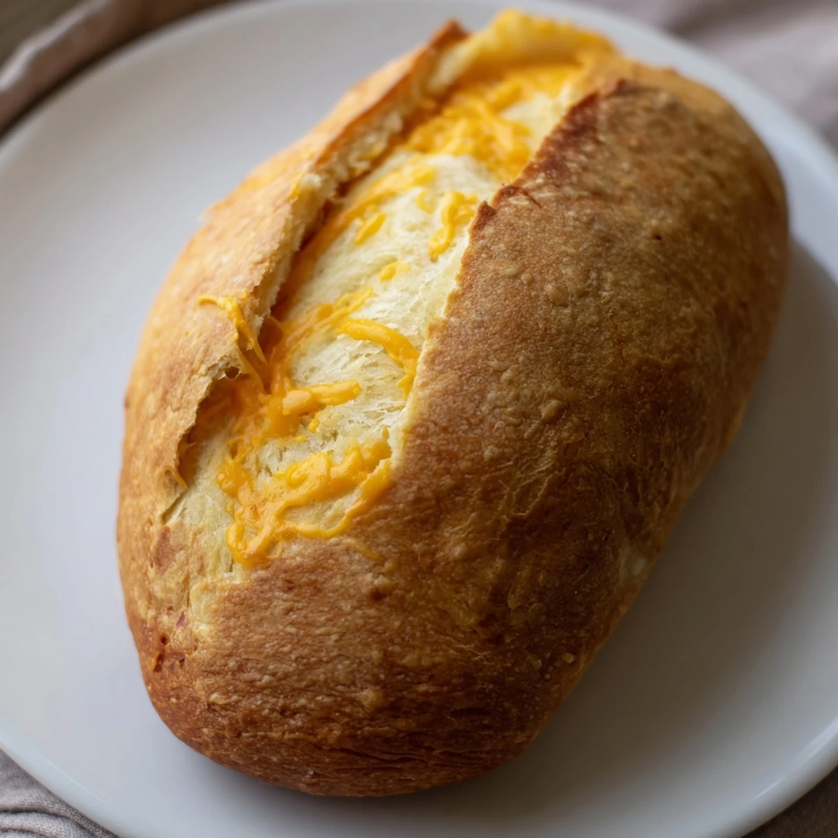 Rustic homemade no knead cheddar bread sliced on wooden cutting board with butter