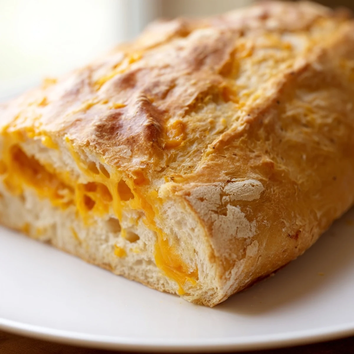 Warm oven-baked no knead cheddar bread with deep golden crust and tender interior