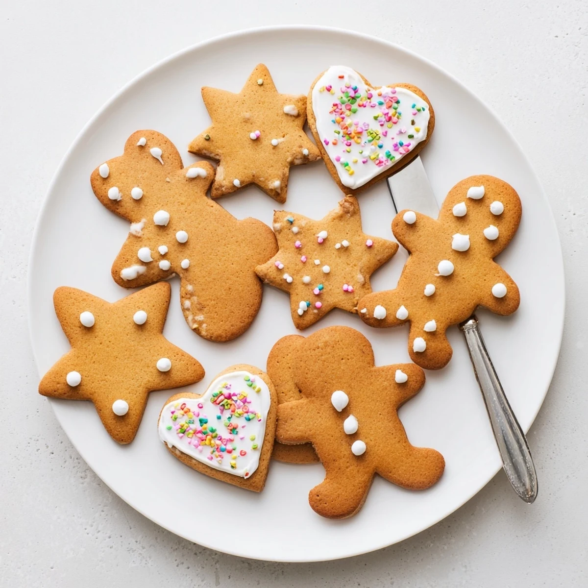 Golden brown classic cut out gingerbread cookies decorated with white icing and colorful sprinkles on a white plate