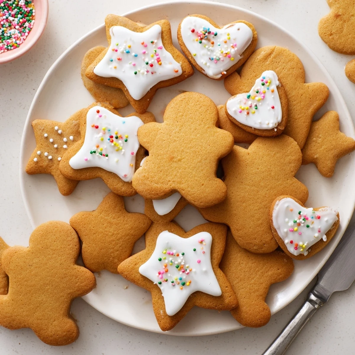 Freshly baked classic cut out gingerbread cookies featuring intricate royal icing designs and edible pearls for Christmas decorating