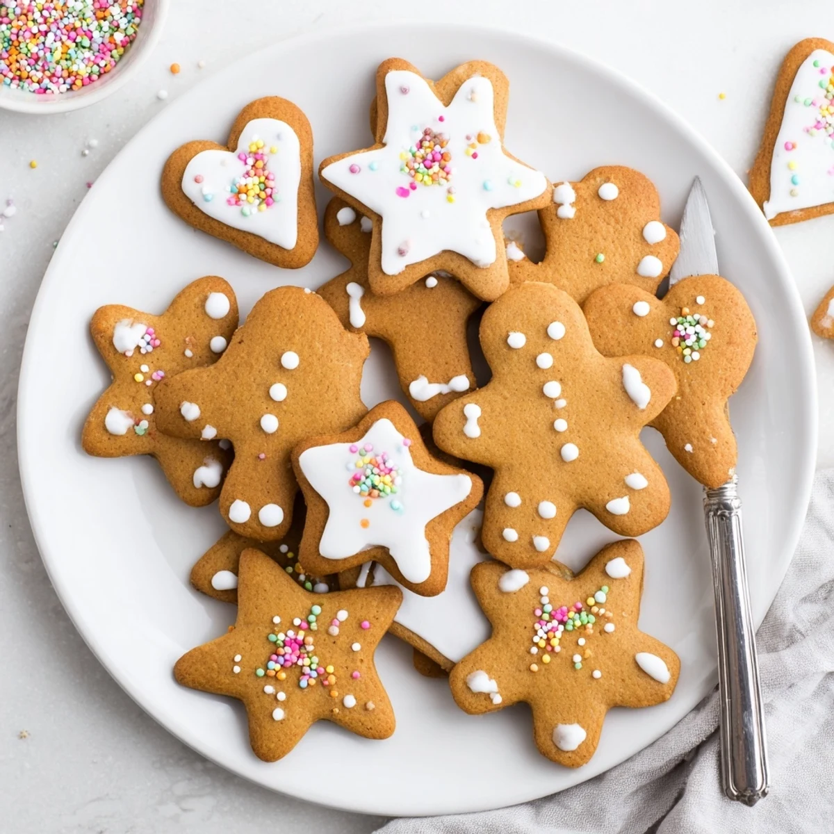 Soft spiced classic cut out gingerbread cookies arranged on a wooden board with festive holiday shapes and detailed piping