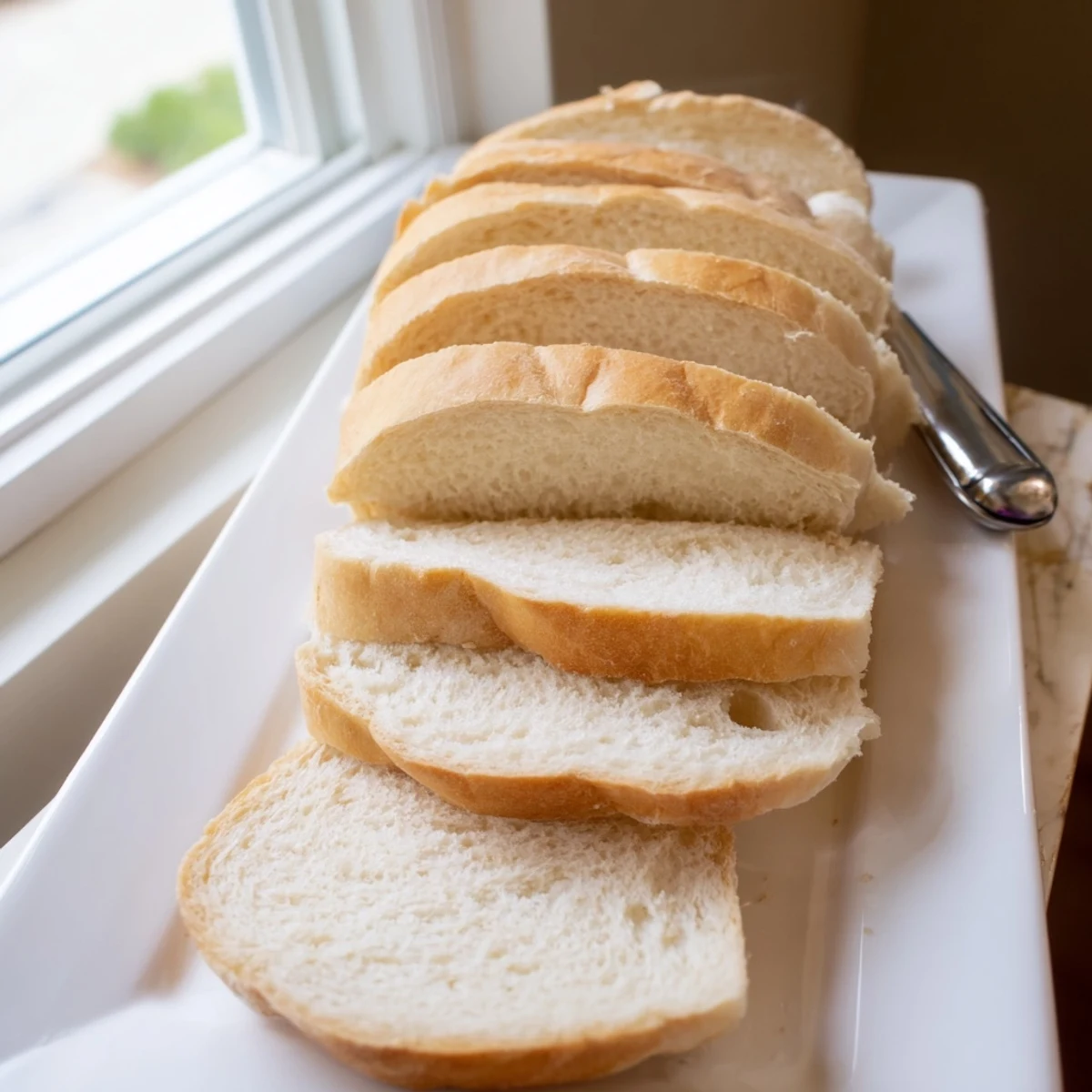 Golden homemade Amish white bread loaf with soft texture and brushed butter topping