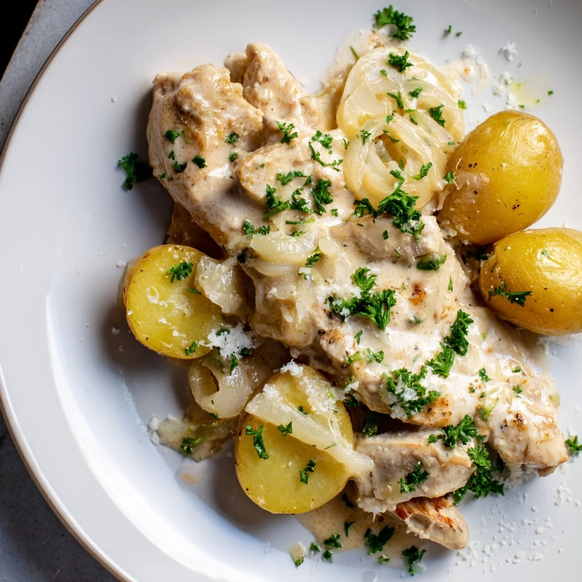 Creamy one-pot meal featuring seasoned chicken breasts and baby potatoes in rich parmesan garlic sauce