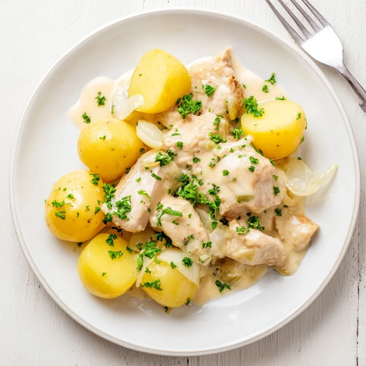 Hearty slow cooker chicken dish with fork-tender potatoes coated in savory garlic and herbs