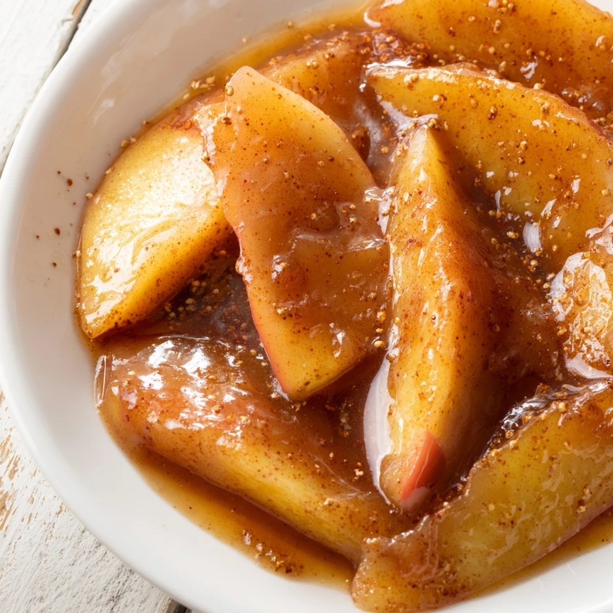 Golden Instant Pot cinnamon apples in a glossy brown sugar syrup with tender apple slices.