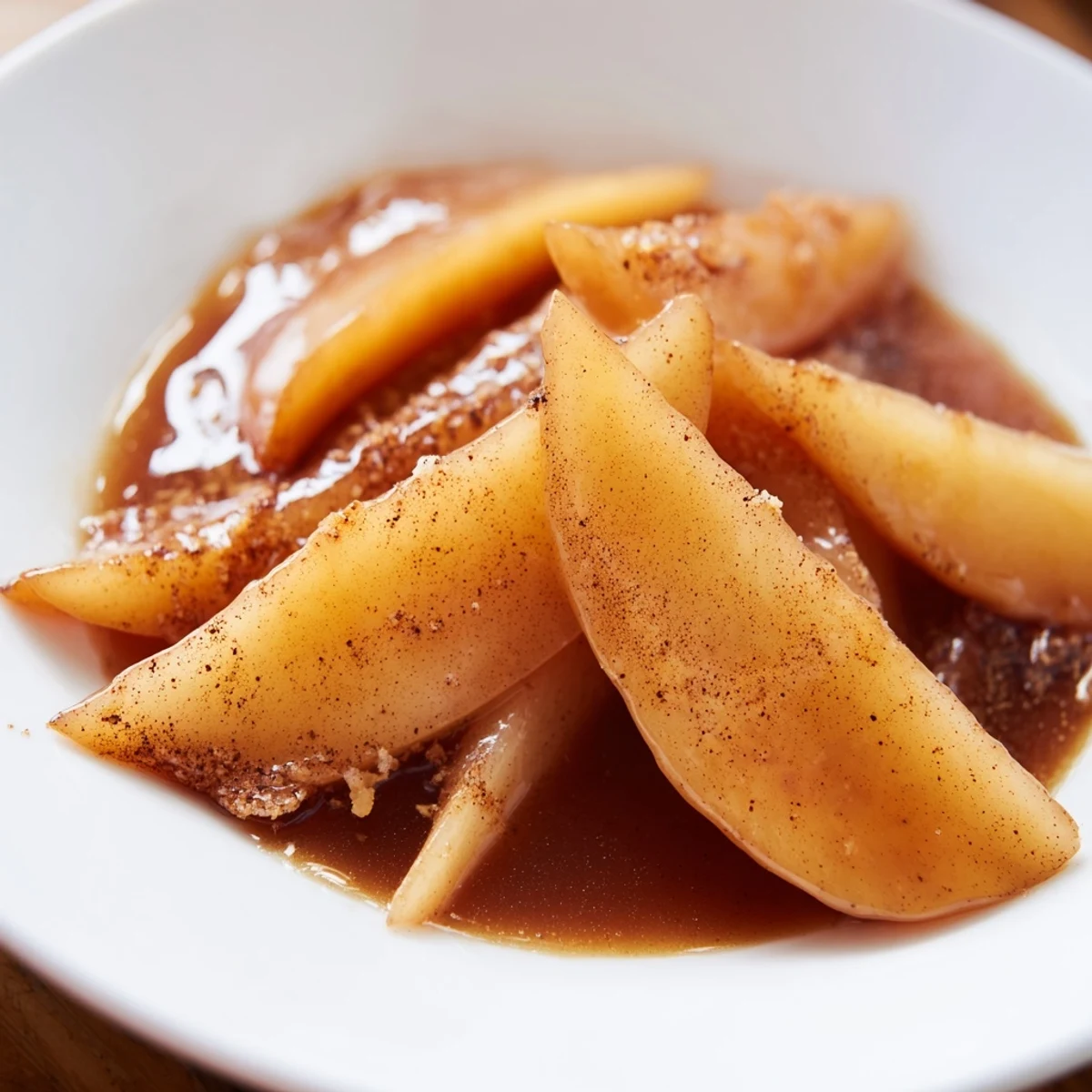 Bowl of tender cinnamon apples swimming in sweet syrup, topped with vanilla ice cream.