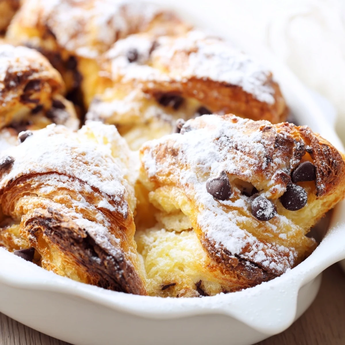Golden chocolate croissant breakfast bake with melted chocolate chips and a crispy custard-baked top
