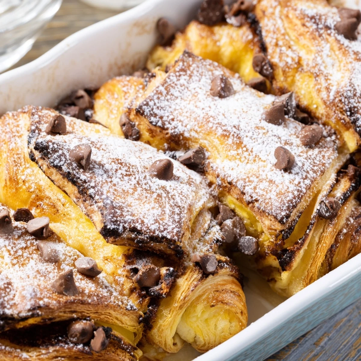 Buttery croissant pieces soaked in vanilla custard and baked with semi-sweet chocolate chunks