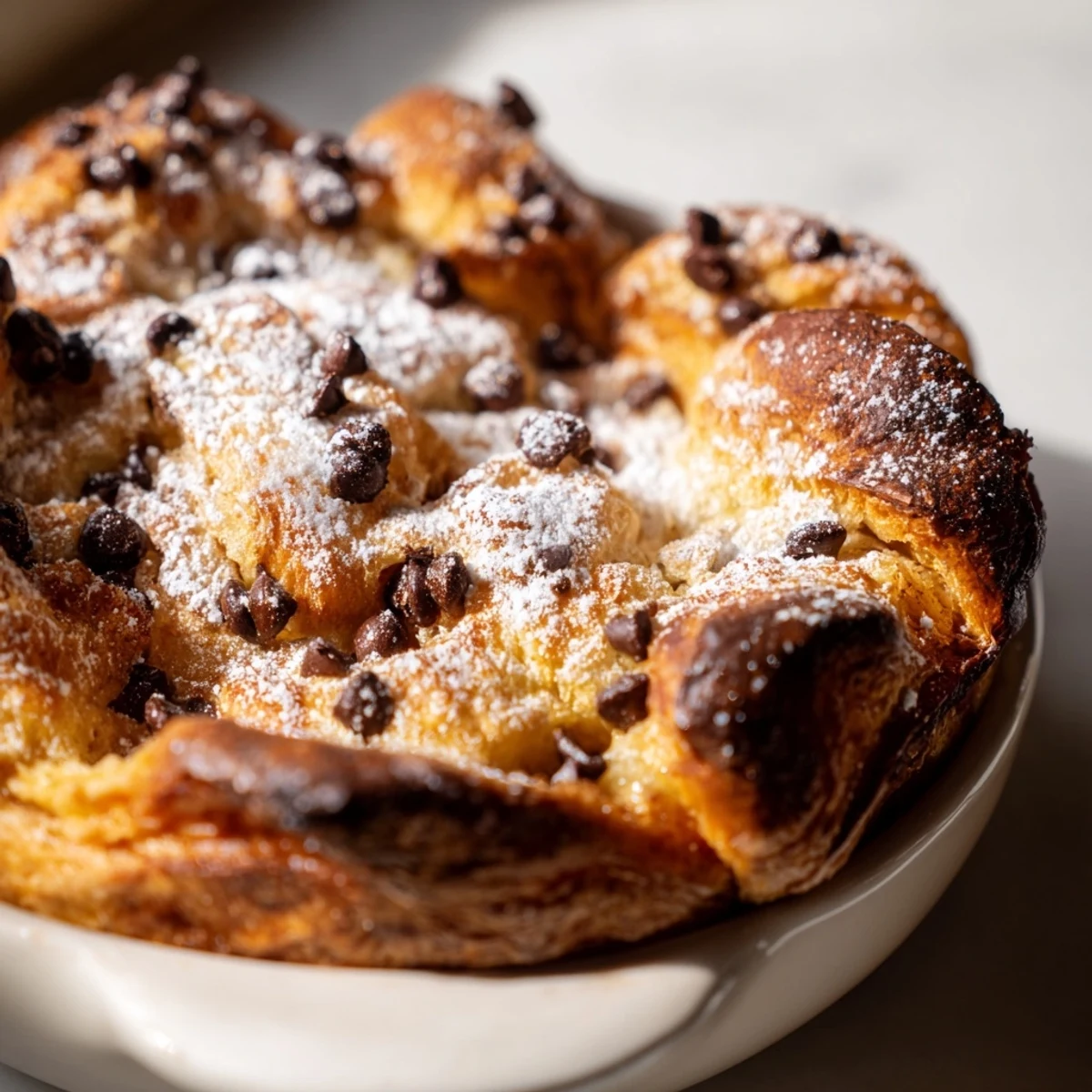 Warm chocolate croissant breakfast bake dusted with powdered sugar and served with fresh berries