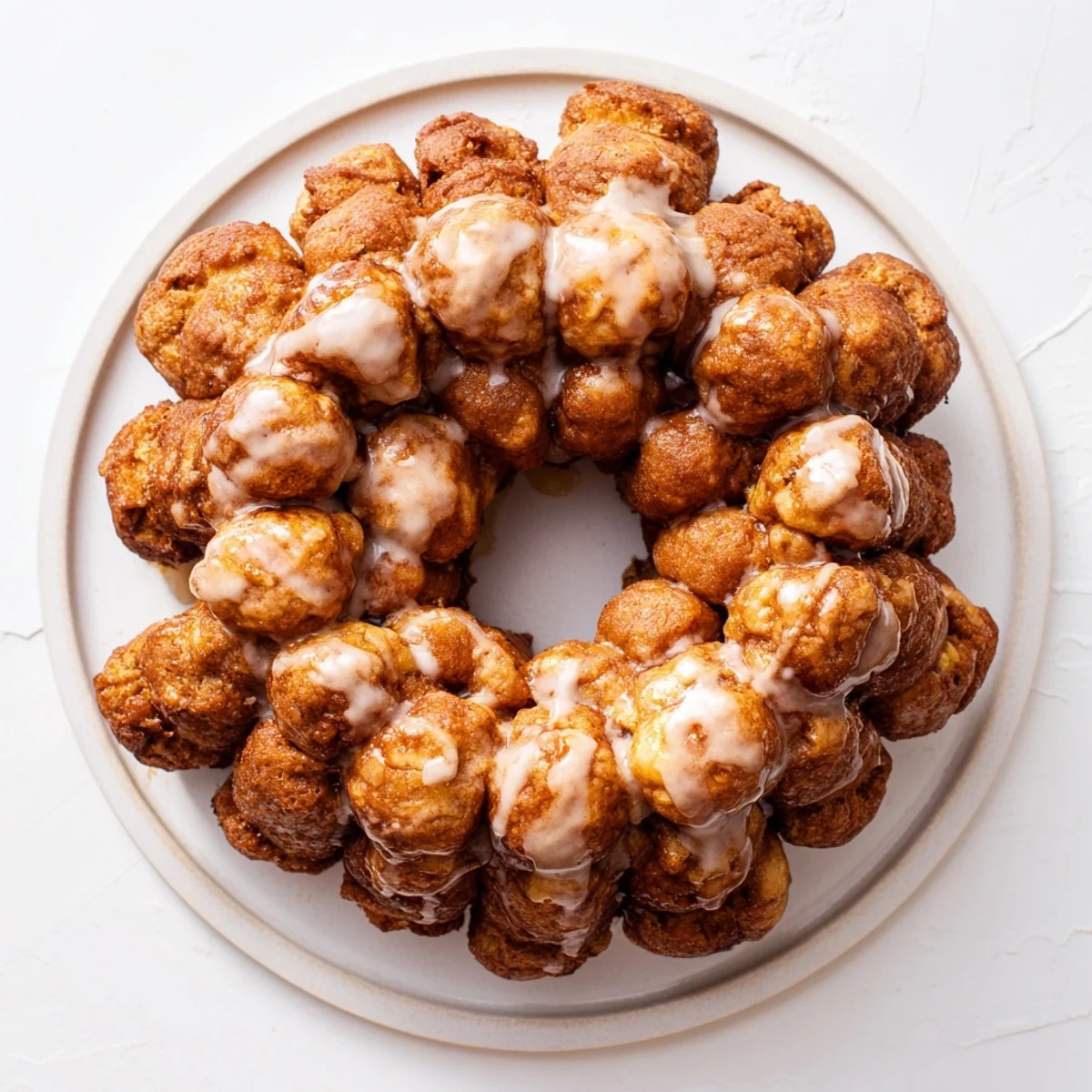 Warm cinnamon-coated high protein monkey bread pieces arranged in a round baking dish