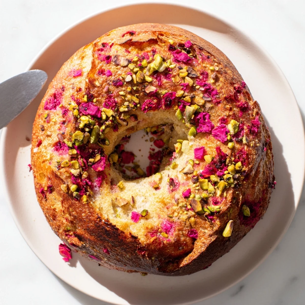 Freshly baked raspberry pistachio sourdough bagels topped with crunchy nuts and colorful fruit pieces.
