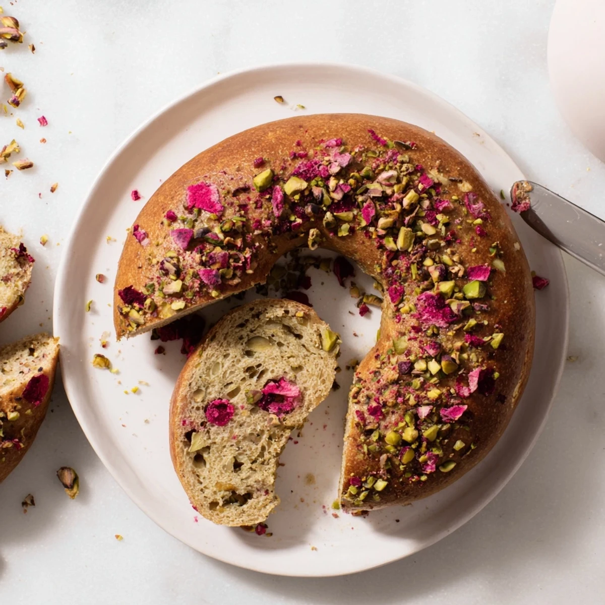 Chewy sourdough bagels studded with bright red raspberries and green pistachios, sliced and toasted.