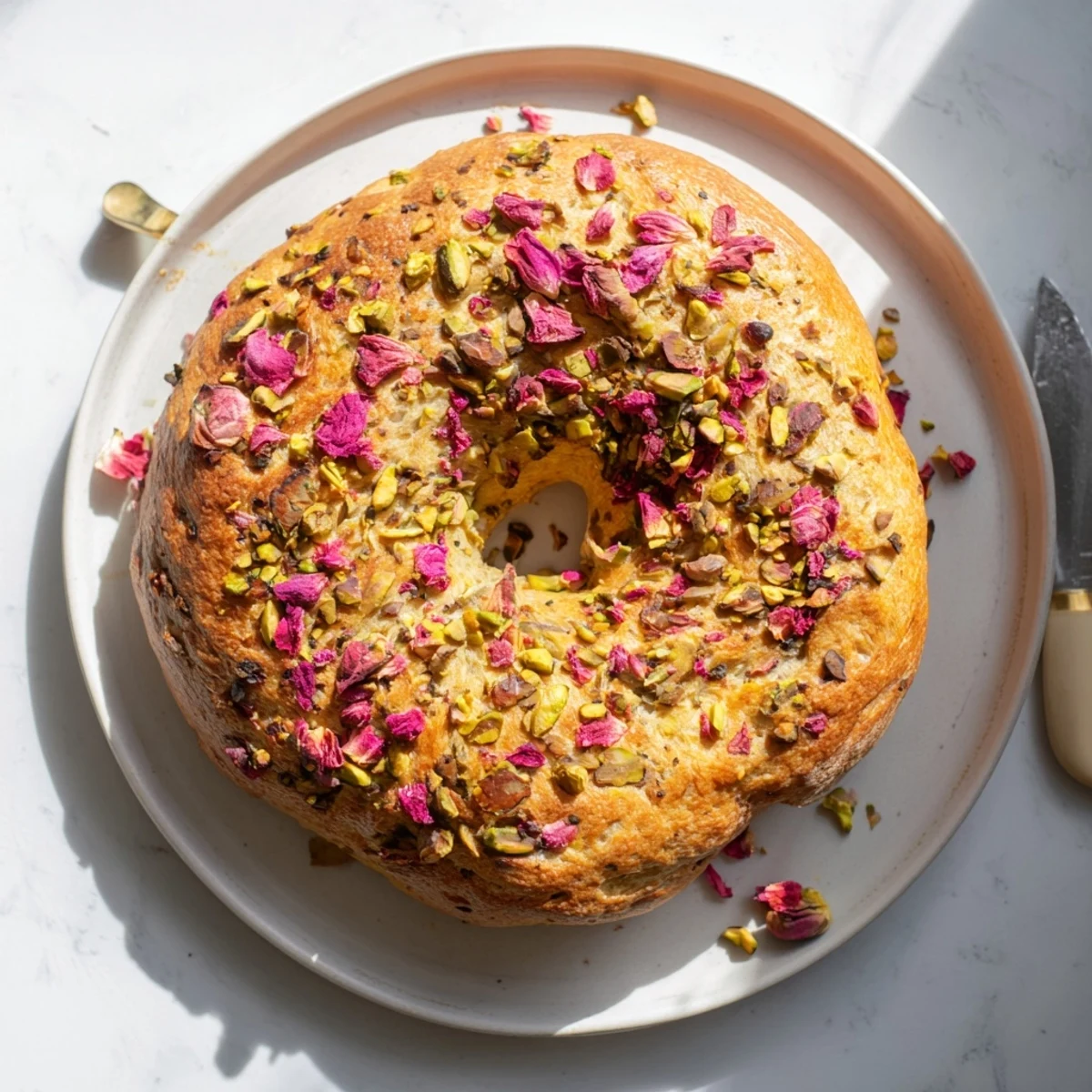 Golden brown raspberry pistachio sourdough bagels stacked on a wooden board ready for breakfast.