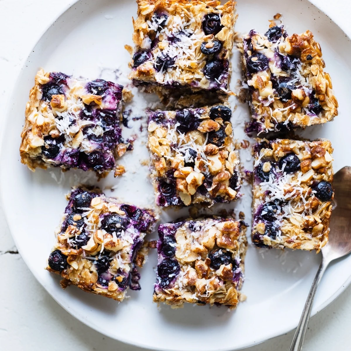 Golden baked lemon blueberry oatmeal dotted with juicy berries and a crispy sugar topping