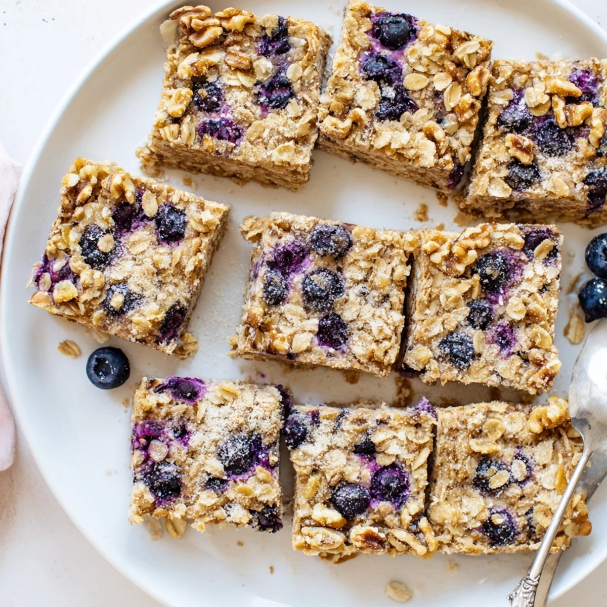 Warm lemon blueberry baked oatmeal squares featuring tender oats and bursts of fresh blueberries