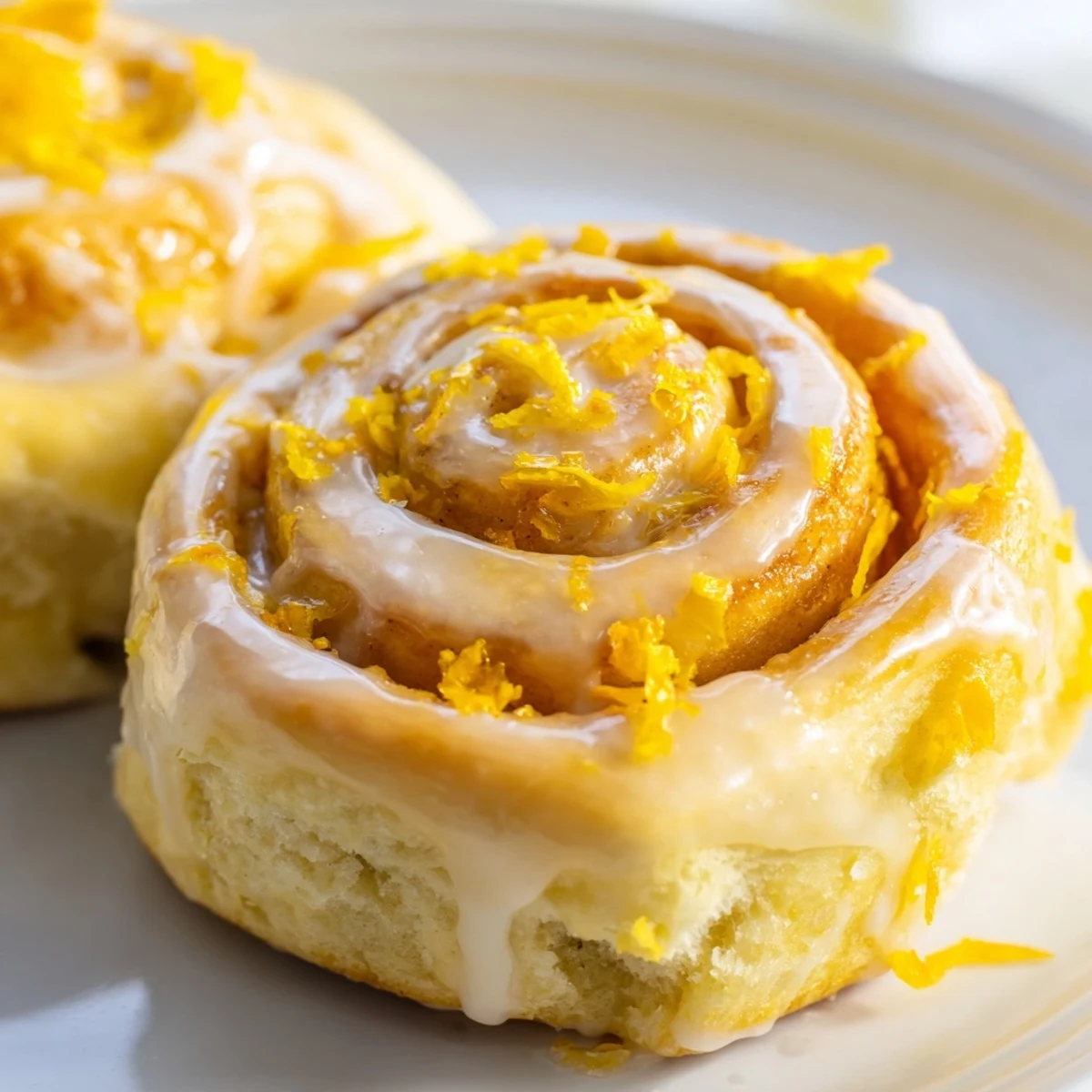 Freshly baked lemon rolls drizzled with tangy white glaze and sprinkled with bright zest