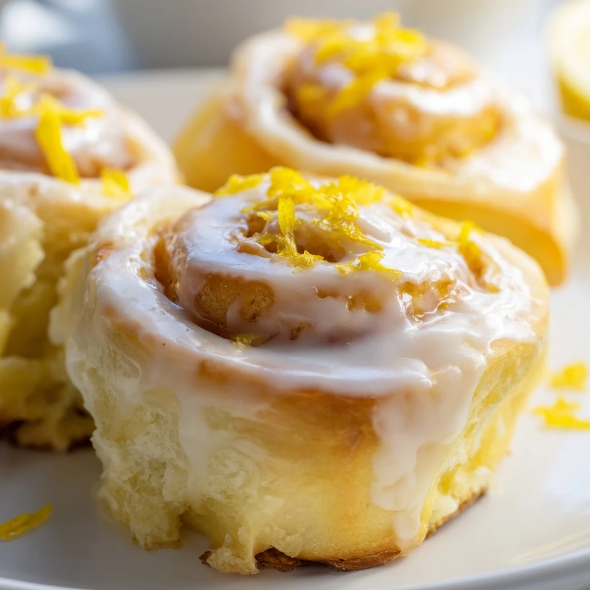 Warm lemon rolls with glossy icing and fresh lemon zest garnish on a serving plate