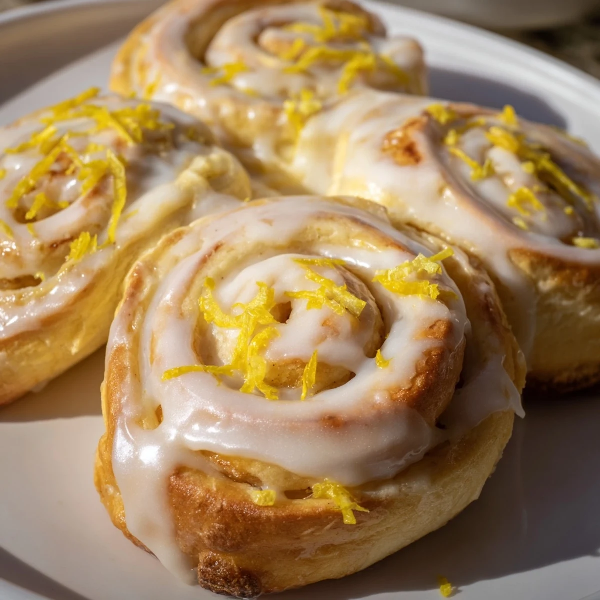Soft golden lemon rolls swirled with sweet lemon sugar filling on a rustic platter