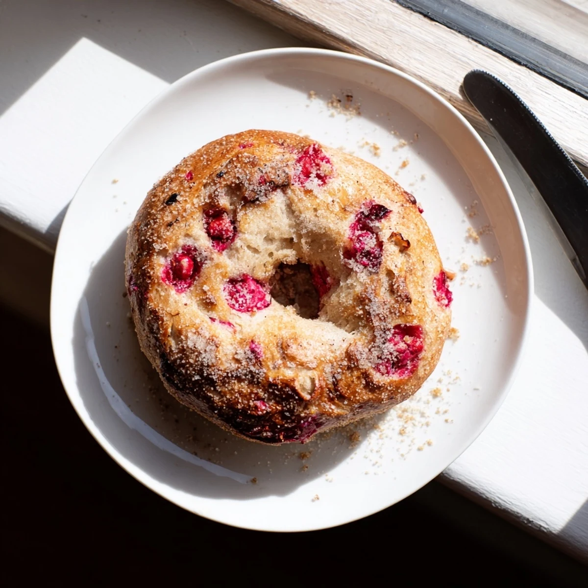 Golden brown raspberry sourdough bagels topped with sparkling demerara sugar on a wooden board