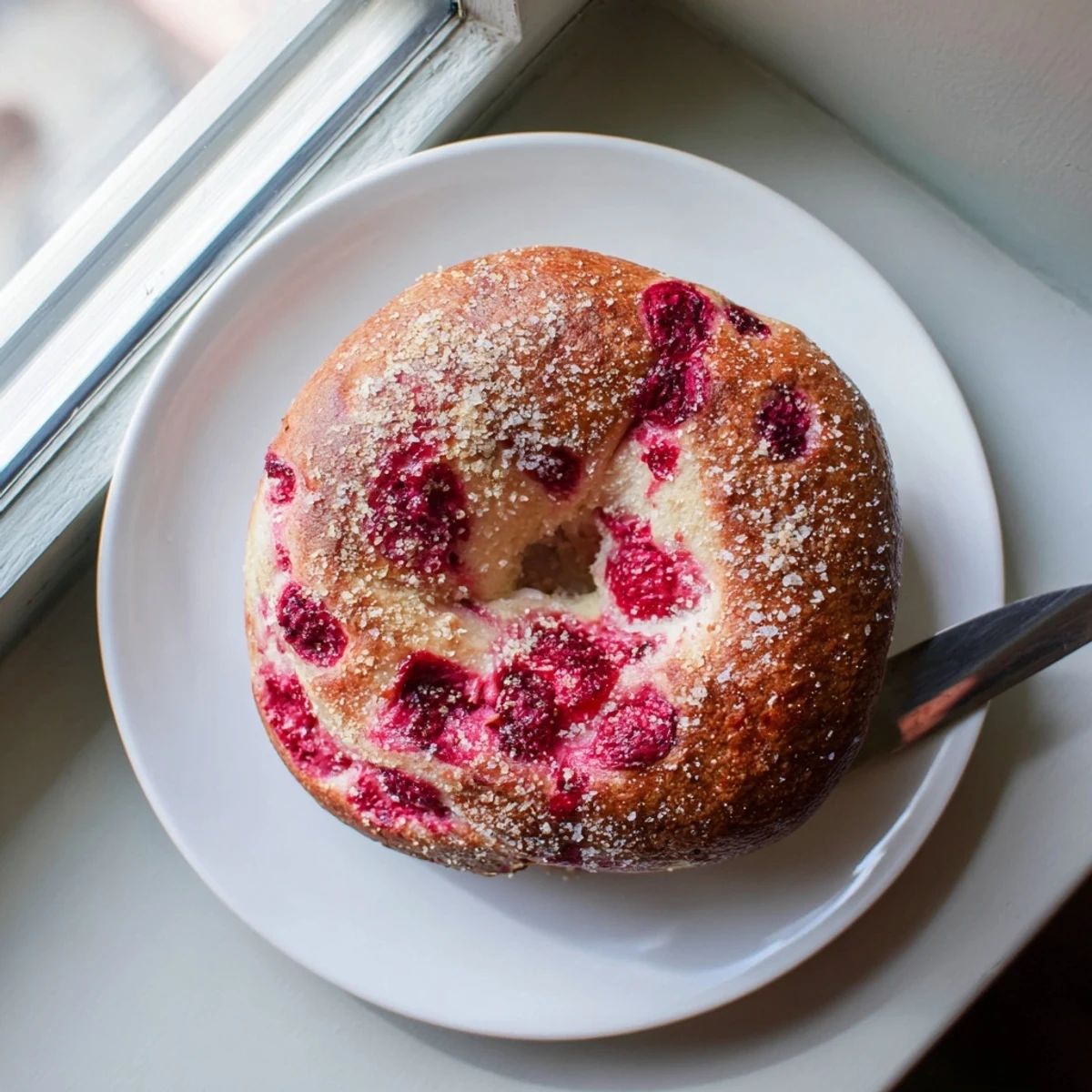 Fresh raspberries visible in chewy sourdough bagels sliced open with cream cheese spread