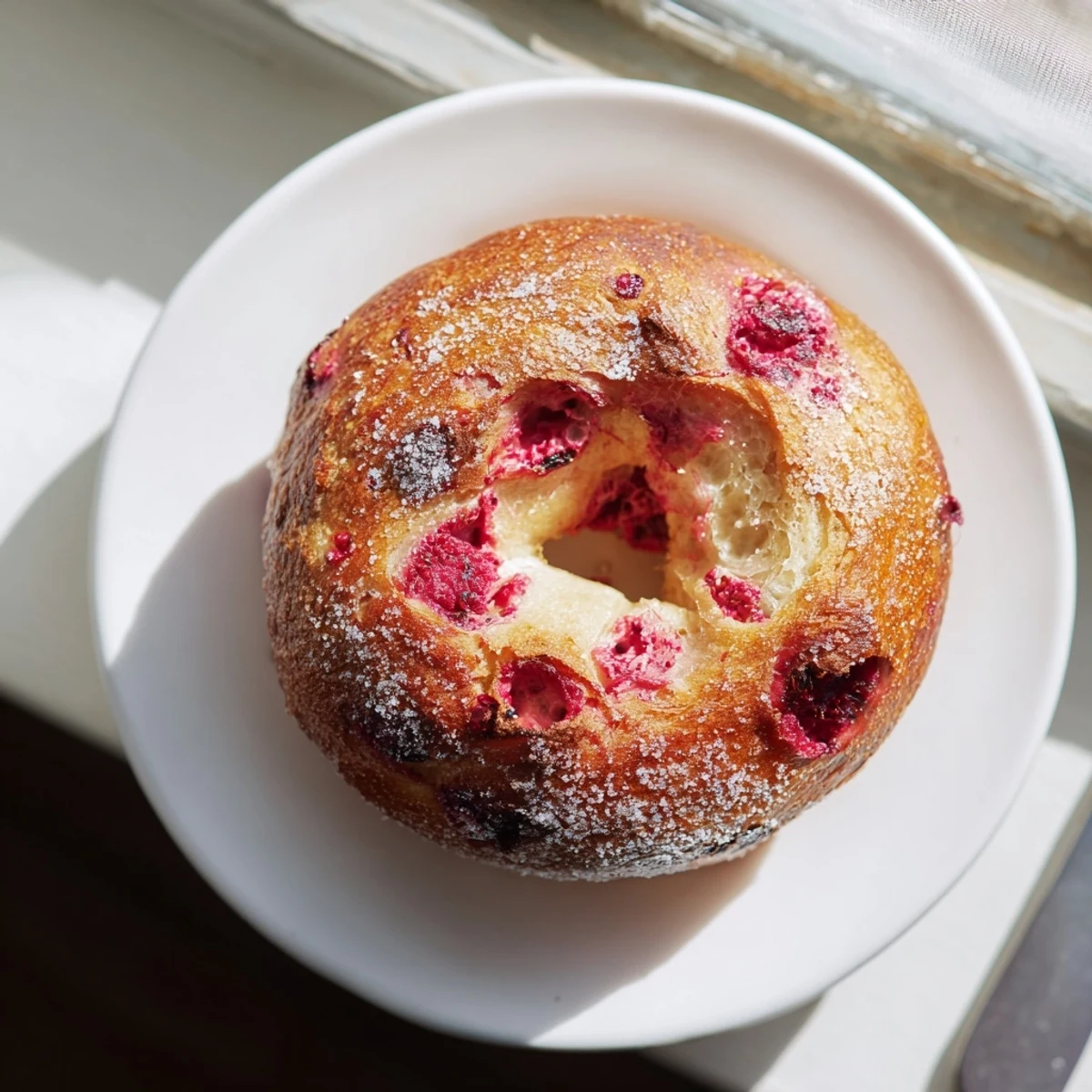 Homemade raspberry sourdough bagels arranged on parchment paper after boiling and before baking