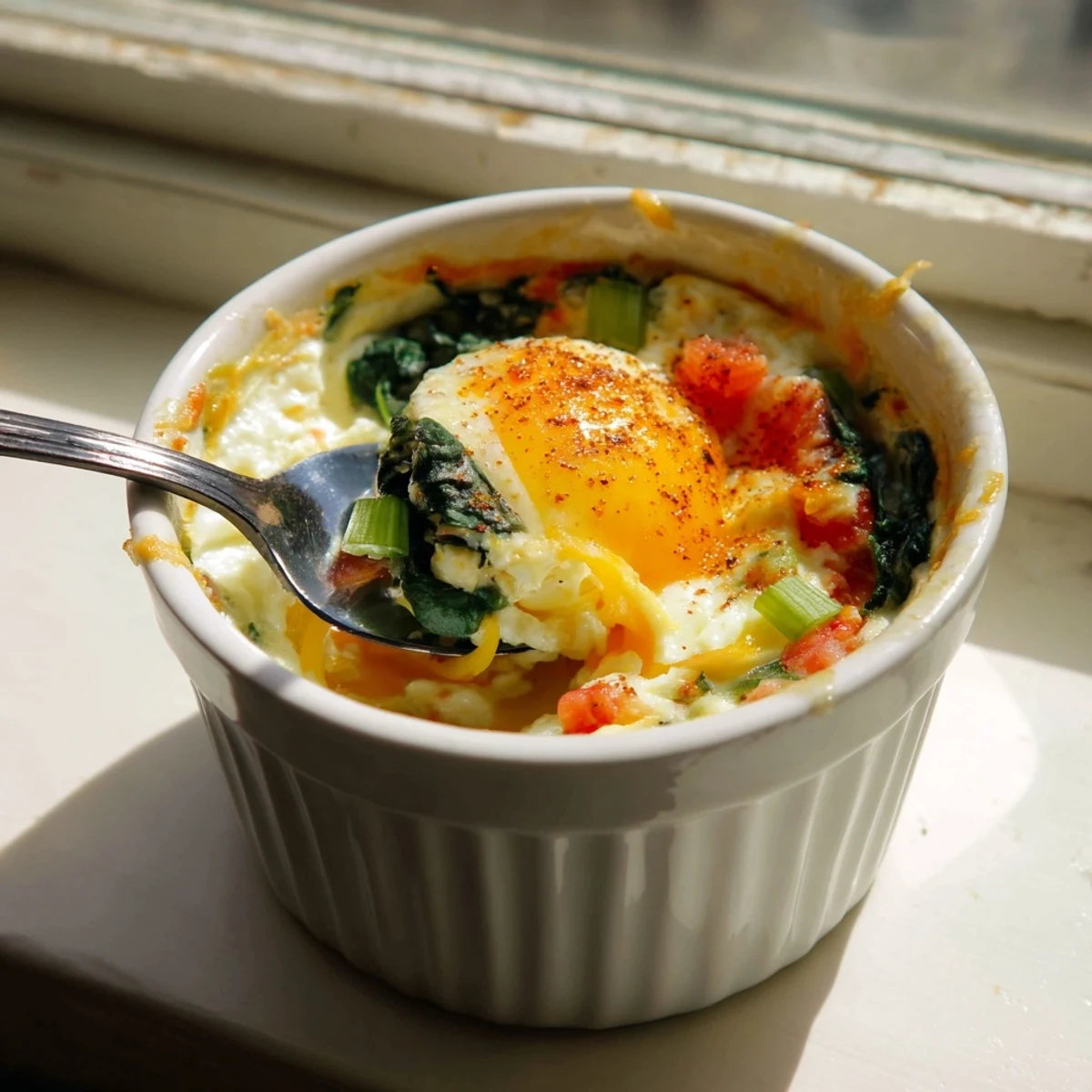 Creamy baked cottage cheese eggs served in ramekins with chives and diced tomato