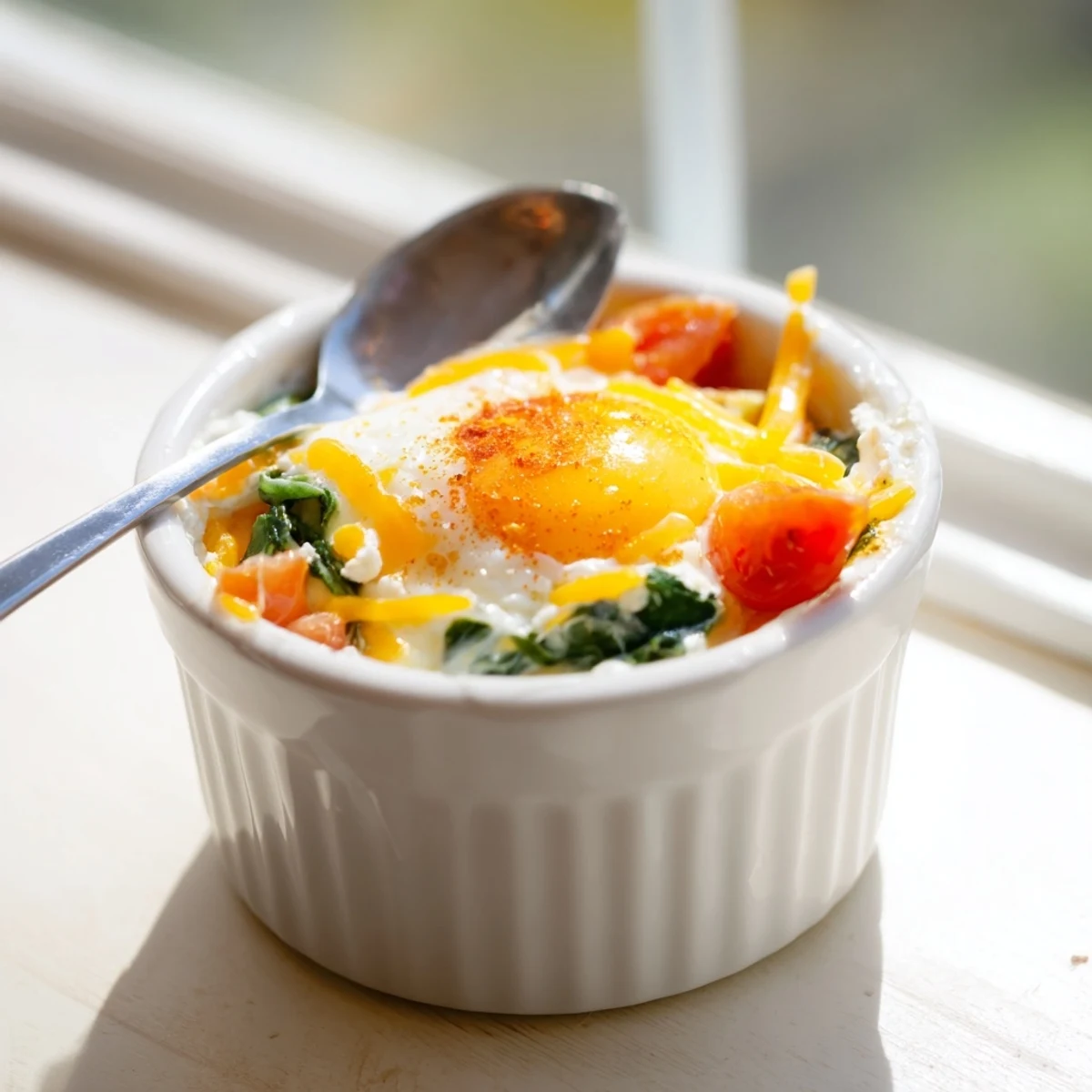 Golden baked cottage cheese eggs with melted cheese topping and fresh spinach