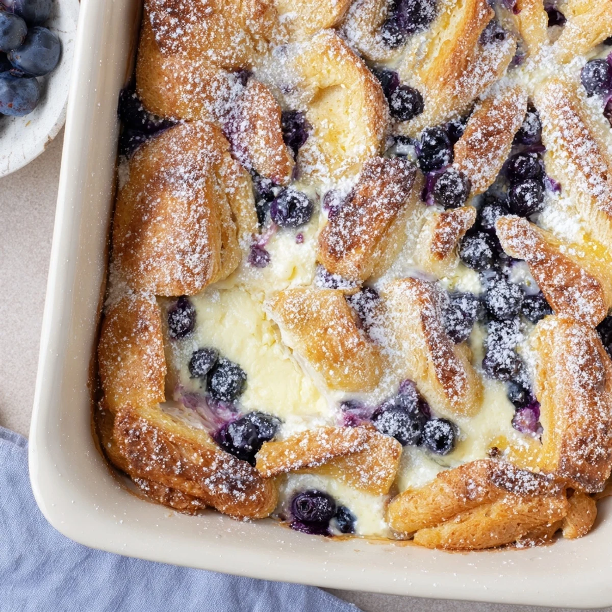 Golden blueberry cream cheese croissant casserole fresh from the oven with powdered sugar dusting