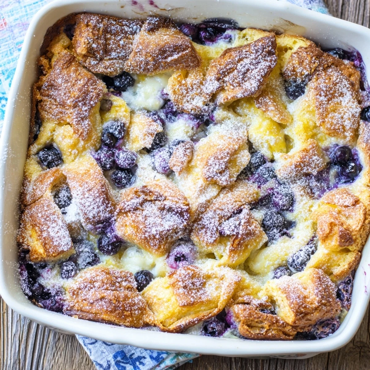 Slices of warm blueberry cream cheese croissant casserole served on a white plate for brunch
