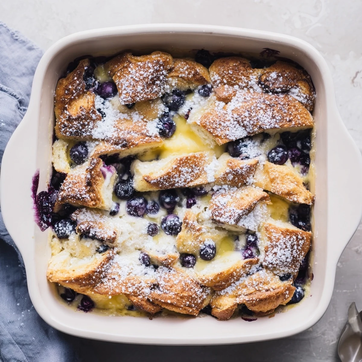 Buttery croissant pieces layered with tangy cream cheese and bursting blueberries in this breakfast bake