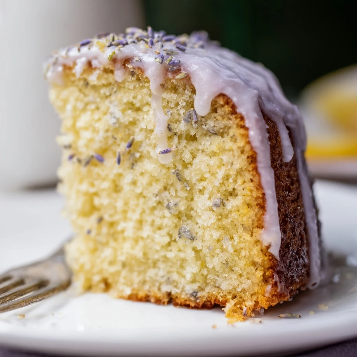 Soft lavender cake slice on a vintage plate, topped with sweet citrus icing and buds