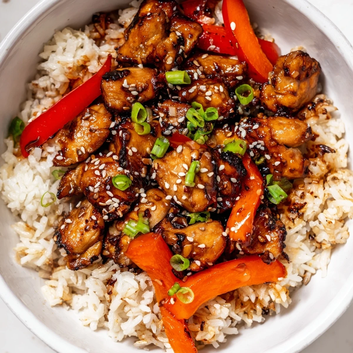 One Pan Korean BBQ Chicken and Rice served in a cast iron skillet with sesame garnish and vegetables