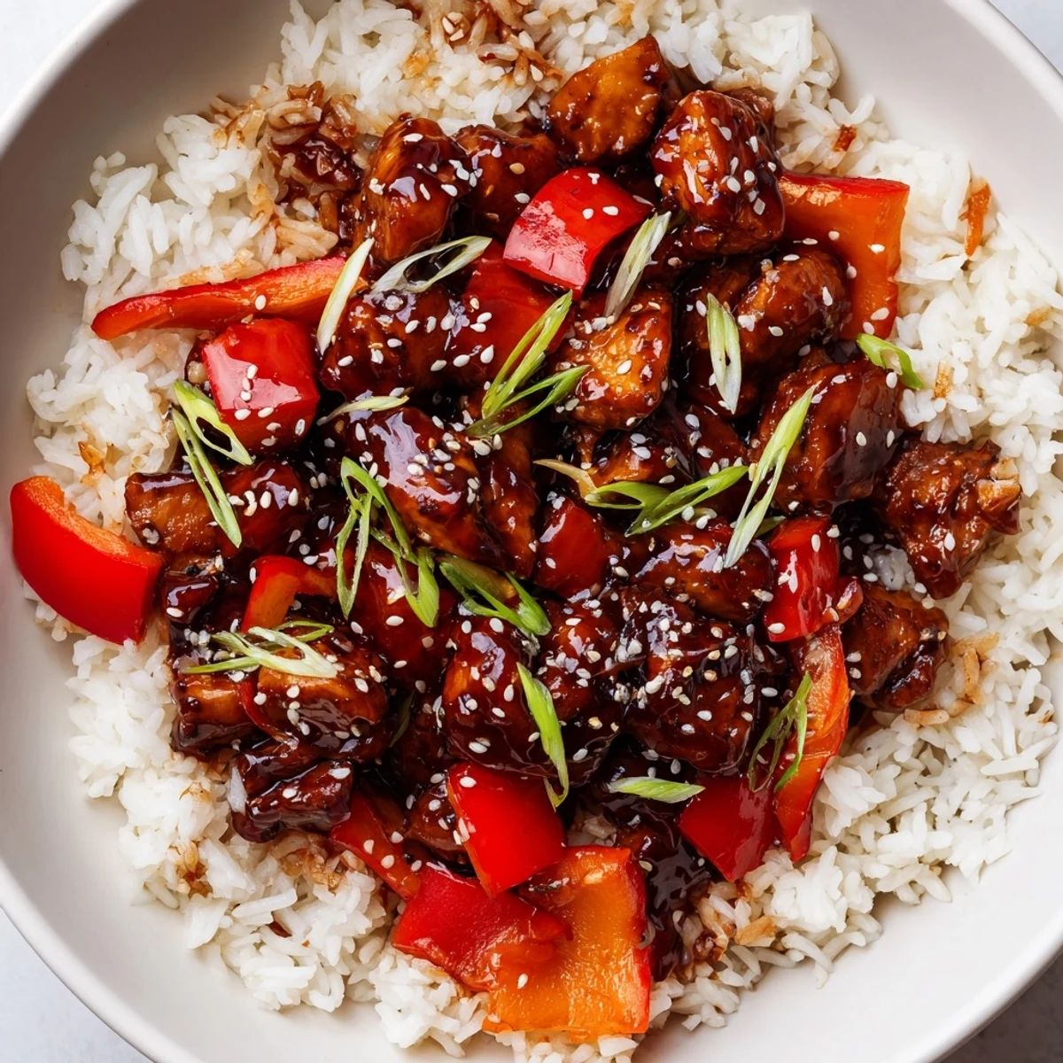 Tender glazed One Pan Korean BBQ Chicken and Rice topped with fresh green onions in skillet