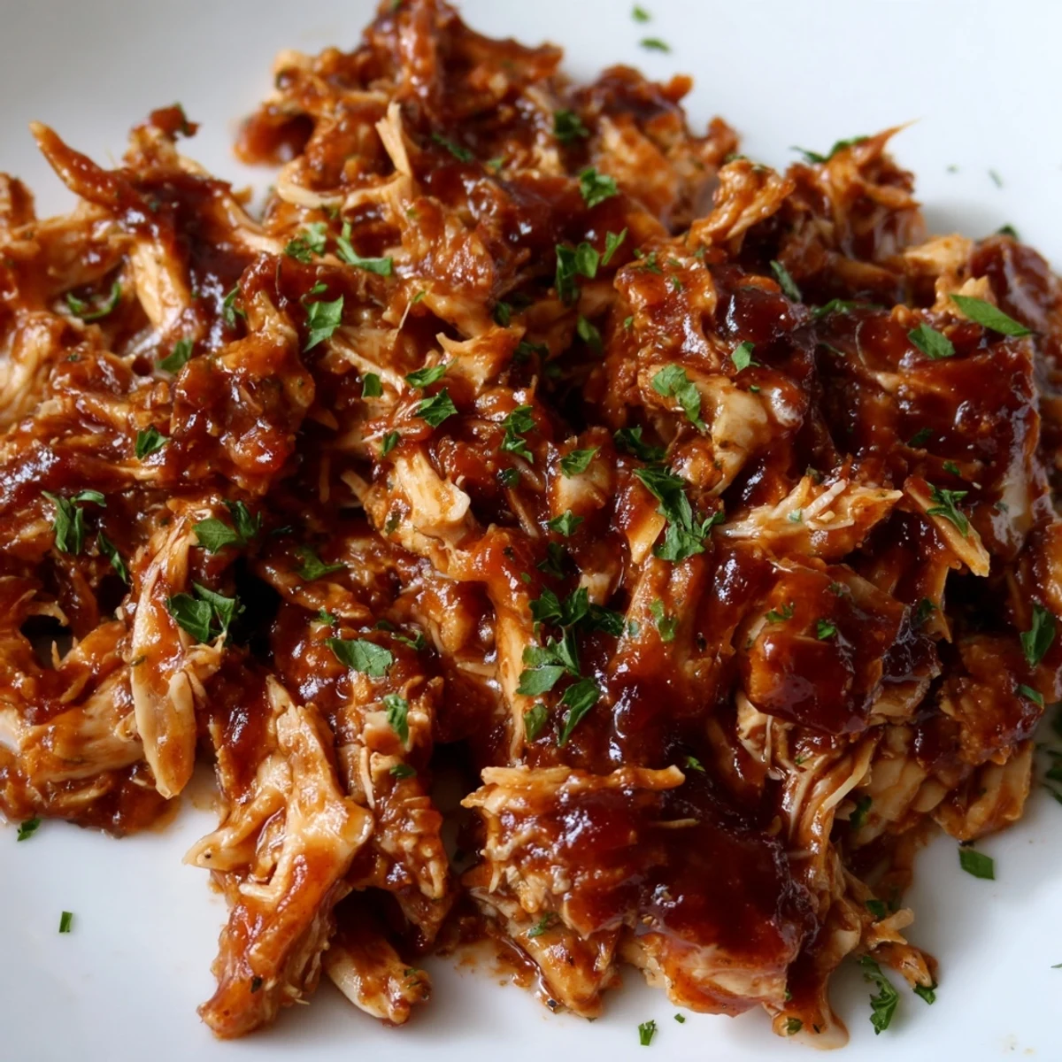 Tender Sweet Baby Ray's Crockpot Chicken glistening with rich barbecue sauce on a white plate