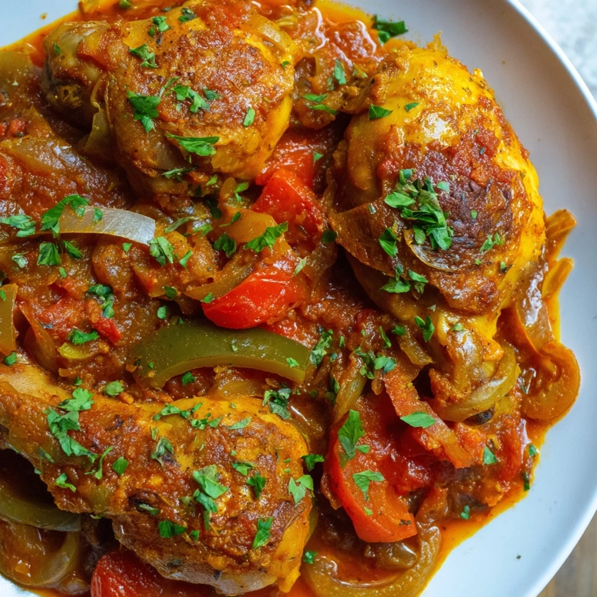Senegalese Chicken simmered in rich tomato sauce with colorful bell peppers and aromatic spices