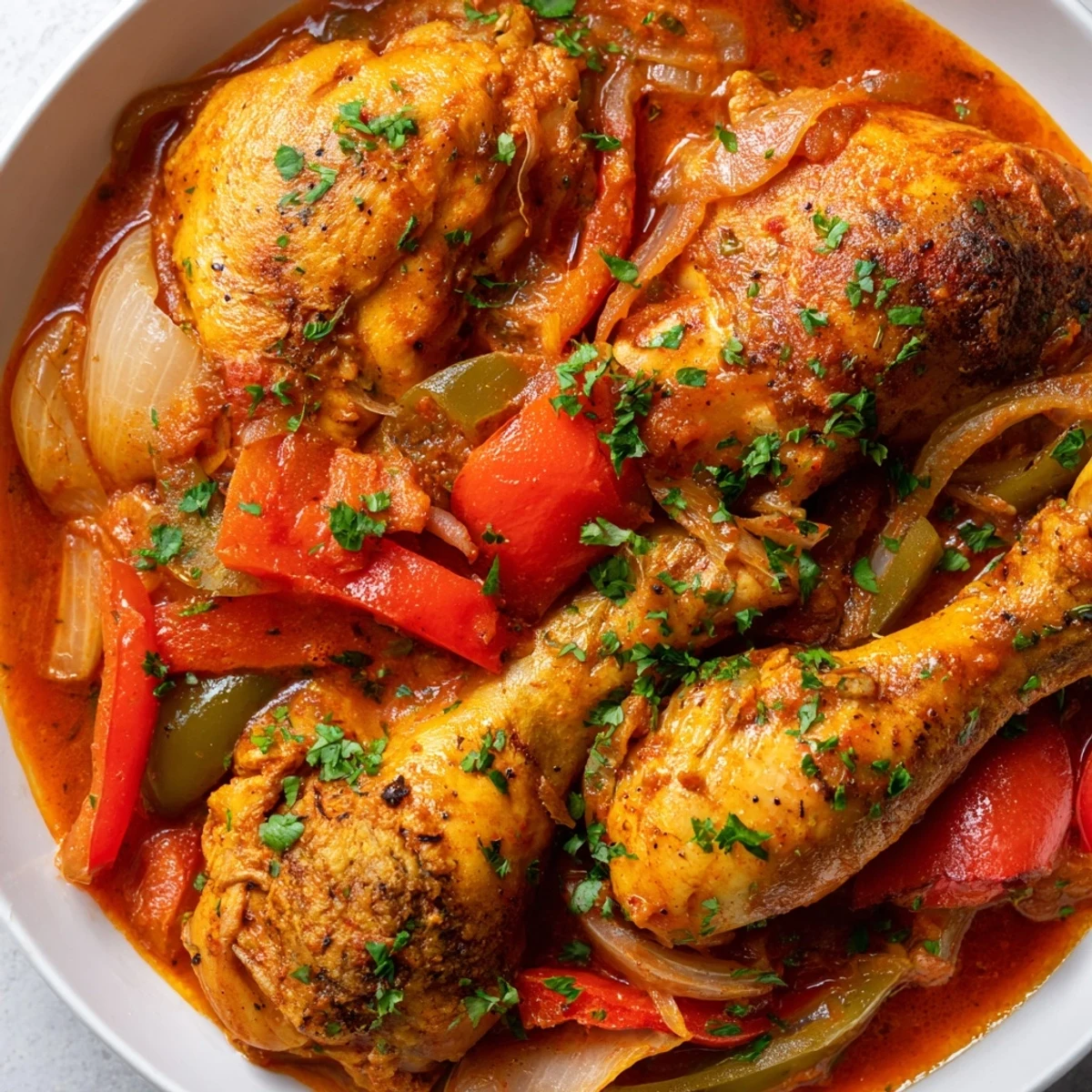 Golden brown Senegalese Chicken served over fluffy white rice with vibrant red and green peppers